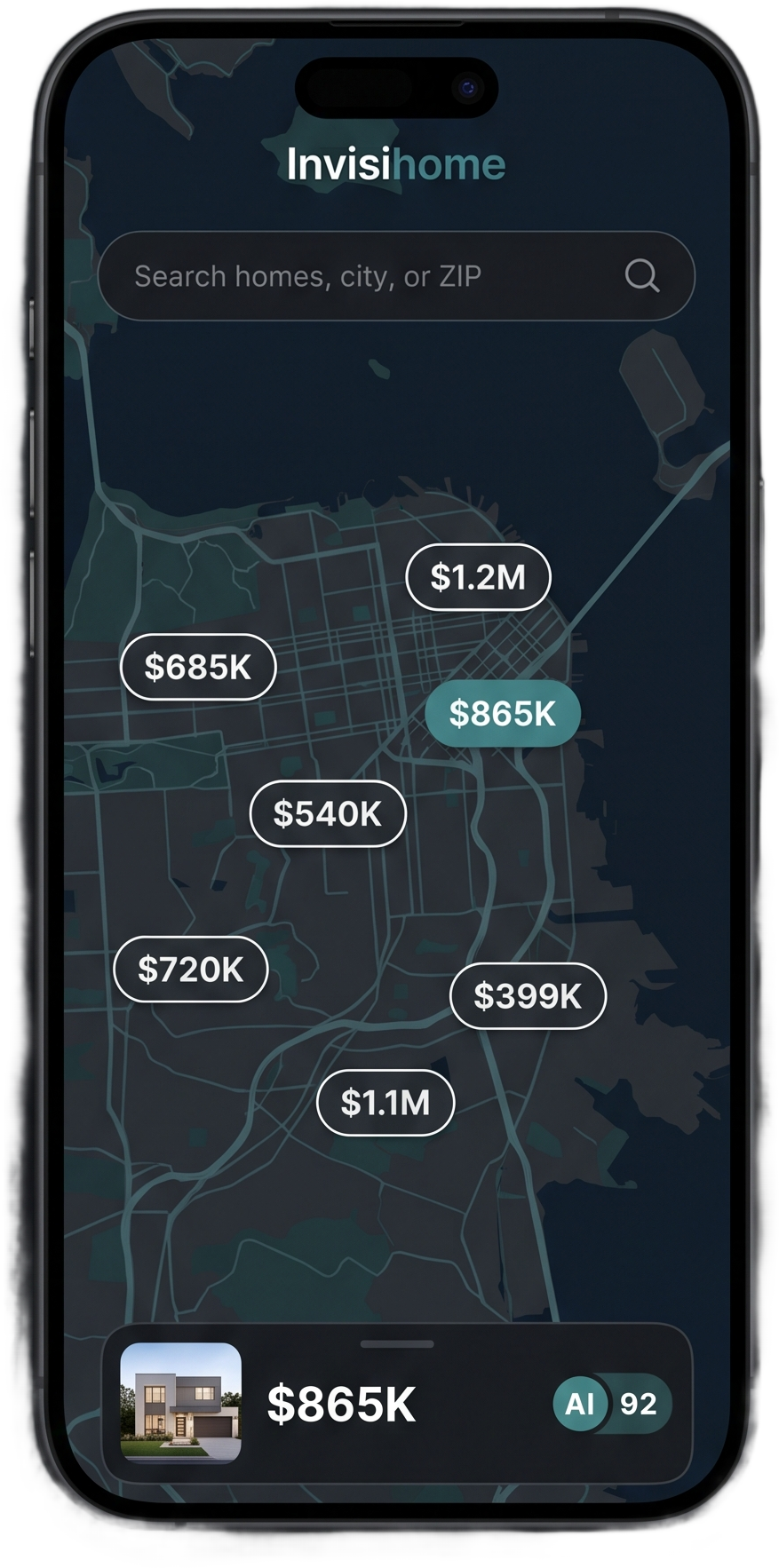 Invisihome mobile app with homes and asking prices on a map