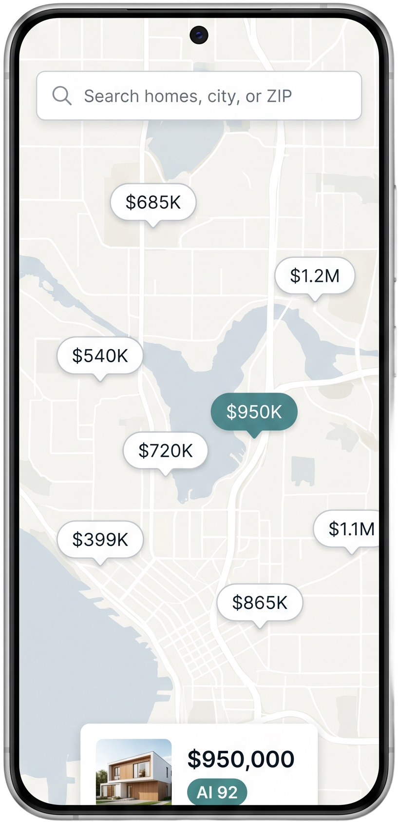 Invisihome mobile app with homes and asking prices on a map