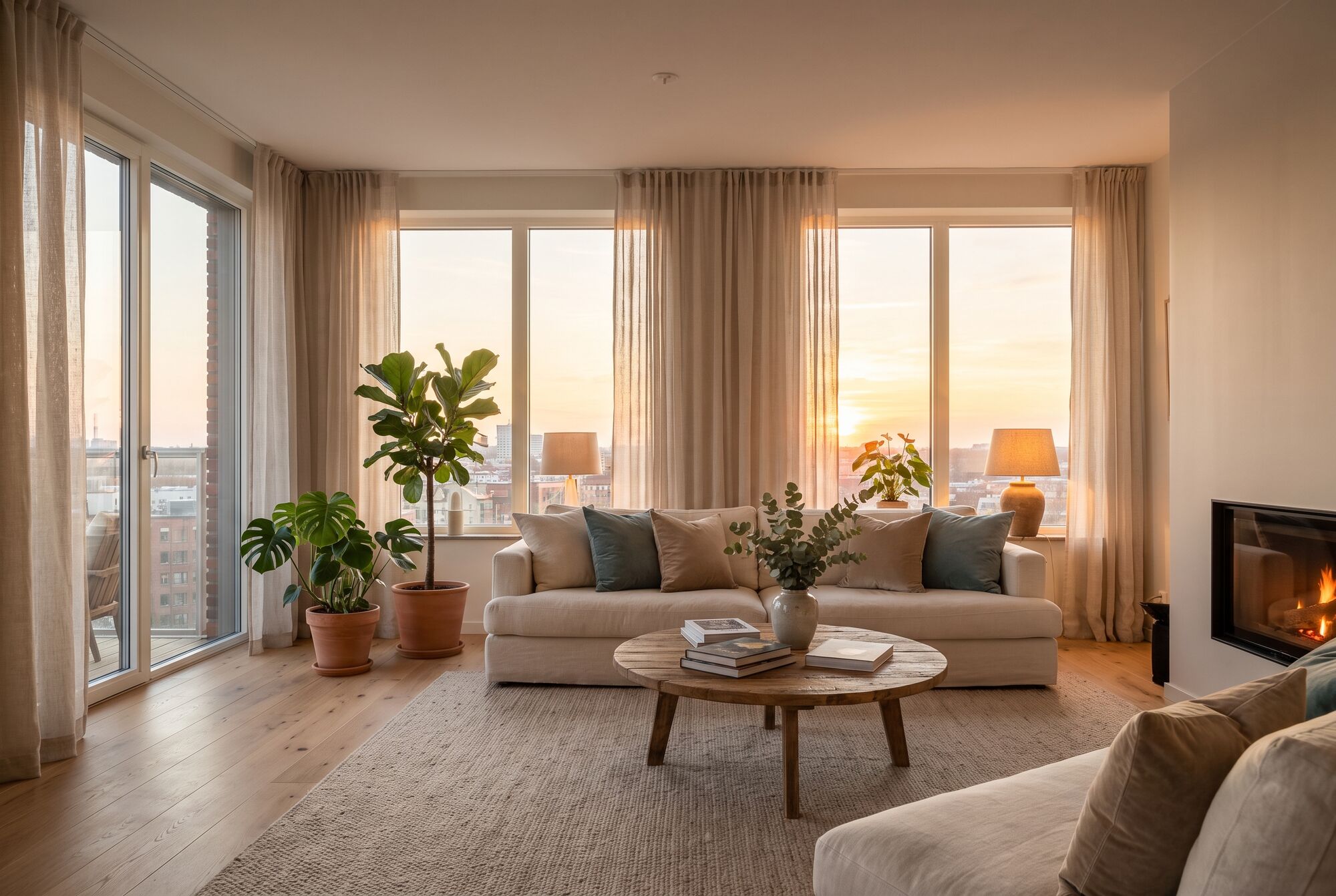 An open living room with tall windows, plants, and afternoon light